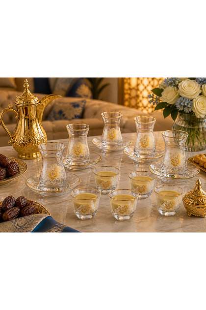 🌹 طقم شاي وقهوة فاخر - مجموعة متكاملة (6 أكواب شاي + 6 صحون + 6 أكواب قهوة سعودية) - تصميم الوردة الذهبية (18 قطعة) ☕ ✨