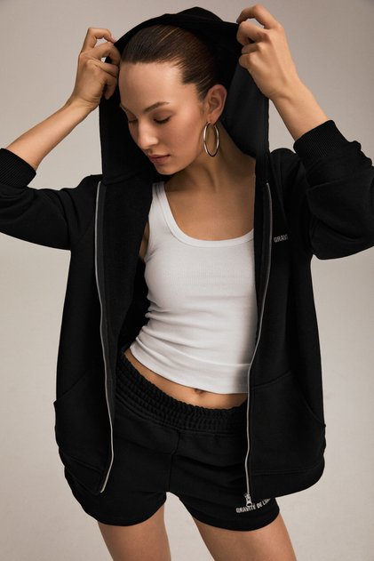 KESSI Kadın Oversize Organik Pamuklu Metal Fermuarlı Kapüşonlu Siyah Sweatshirt