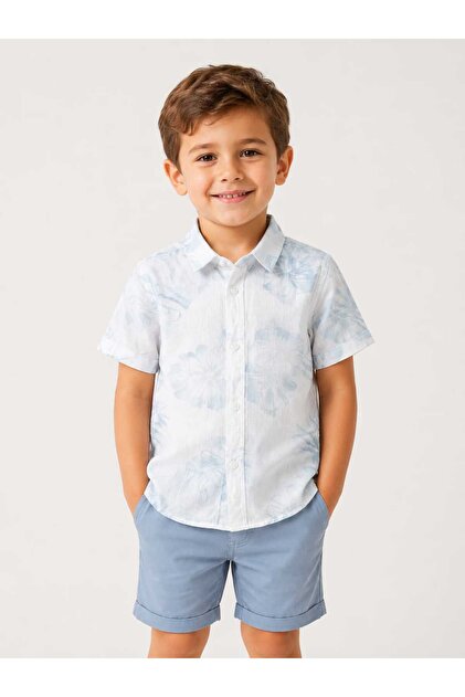 Boy's White Patterned Short Sleeve Cotton Summer Shirt