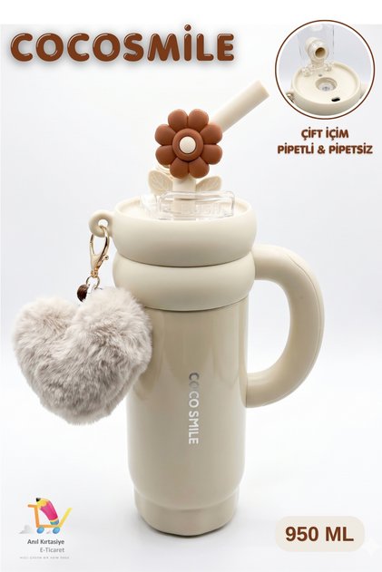 Cocosmile 950ML Askı Süs Hediyeli Çift İçim Pipetli/Pipetsiz Paslanmaz Çelik Termos
