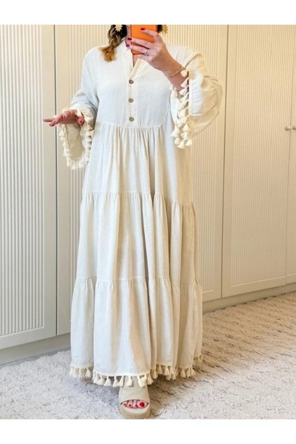 Linen Dress with Tassel Details