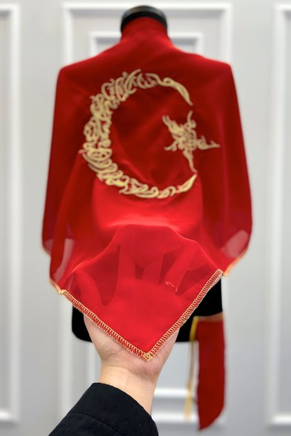 Square Red Chiffon Groom Shoulder Cover, Gold Star and Moon Embroidery with Shimmering Edges, Groomsmen Henna Soldier Shawl Veil