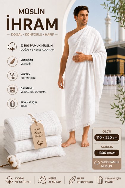Medina Collection Soft Touch %100 Müslin 110x220 cm 1300 Gram Yetişkin Hac Umre İhramı