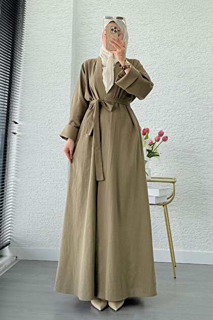 MELEK ARAZ Premium Natural Aysha Keten Abaya Takım – Haki - Fiyatı