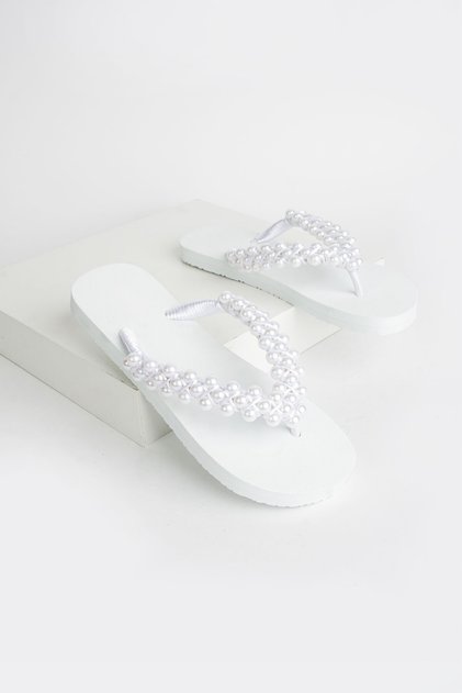 Simone Kadın Beyaz İncili Şık ve Rahat Parmak Arası Günlük Plaj ve Havuz Terliği Flip-Flops