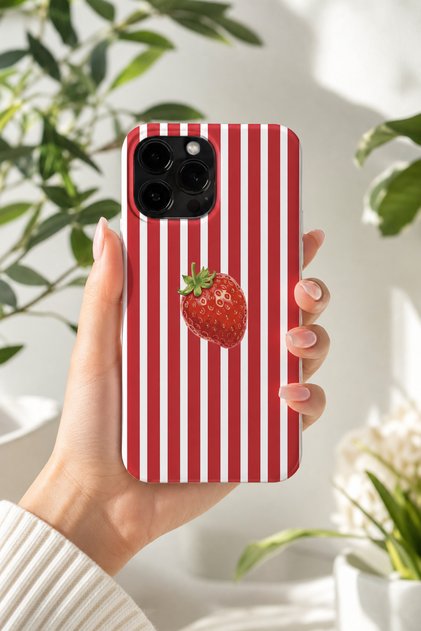 iPhone 15 Pro Max Compatible Launch Silicone Red Striped Strawberry Pattern Shock Absorbing Case White