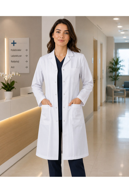 Kadın İş Önlüğü&Klasik Yaka Uzun Boy Uzun Kollu Çıtçıtlı Alpaka Önlük&Doktor Hemşire Öğretmen Öğrenci Sağlık Personeli Önlüğü
