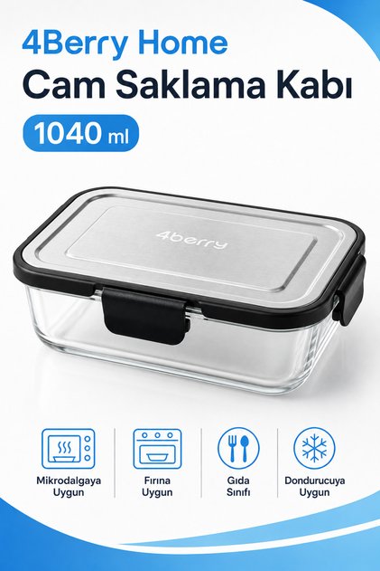 1040 ml Kilitli Cam Saklama Kabı – İnoks Kapaklı Yemek ve Kahvaltılık Kabı