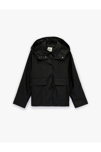 Comfortable Fit Long Sleeve Pocketed Snap Button Detail Water Repellent Hooded Raincoat Women's Trench Coat 6