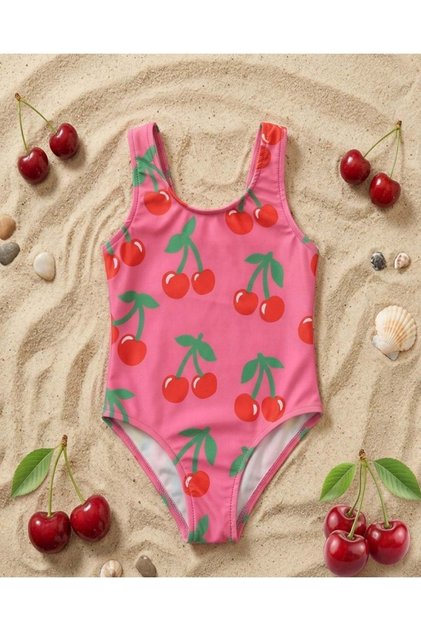 Girl's Pink Cherry Patterned Pool and Sea Swimsuit
