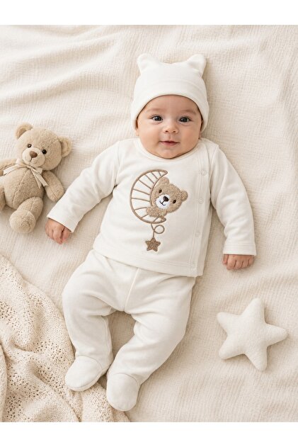 Compleu bebe crem din bumbac cu caciulita si imprimeu ursulet pentru nou-nascuti