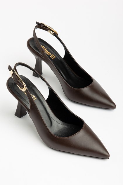 Braune Damenschuhe mit spitzer Zehenpartie und Schnalle und klassischem Absatz