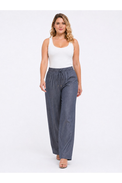 Women's Plus Size Indigo, Elastic High Waist, Relaxed Fit Pocket Pants 65N39512
