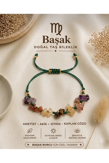Virgo Zodiac Sign Real Natural Stone Green Rope Braided Bracelet - Tiger's Eye Agate Amethyst Citrine