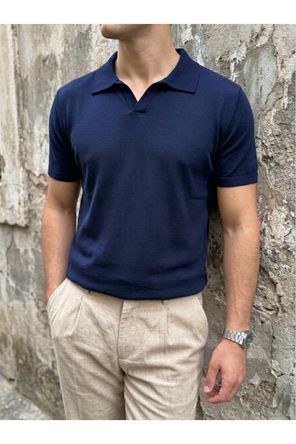 Polo Collar Buttonless Slim Fit Men's Knitwear T-Shirt - Navy Blue, Brown, White, Cream, Black
