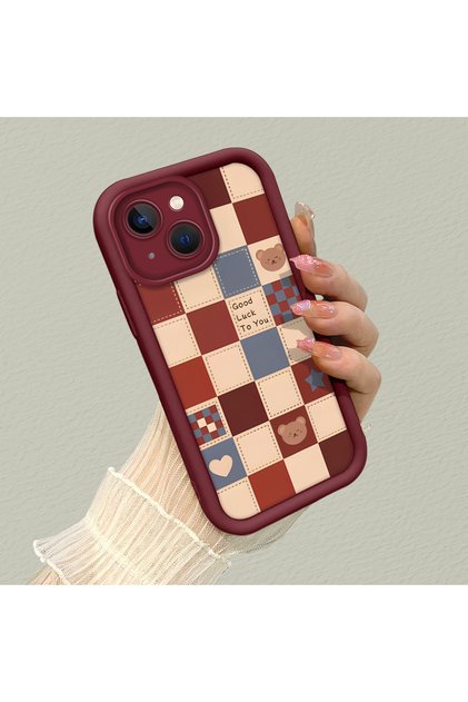 iPhone 13 Uyumlu Yüksek Kaliteli Bordo Kareli Ayı Kılıf, Retro Zarif Tarz