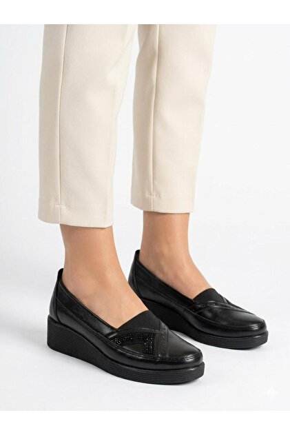 Women's Black Wedge Heeled Gel Heel Orthopedic Lightweight Daily Mother Shoes