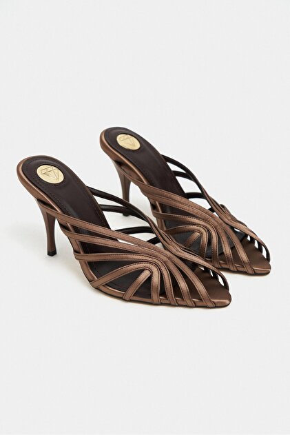 【なつみ】 NİŞANTAŞI SHOES Judith Kahve Saten Burnu Açık Detay Kafesli Kadın
