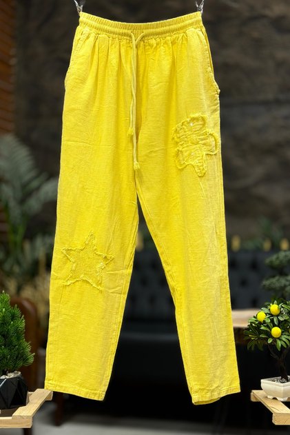 Floral Star Print Embroidered Linen Trousers