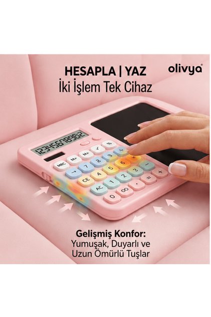 LCD Yazı Tabletli Hesap Makinesi - Kalemli Dijital Not Defteri ve Hesap Makinesi 2 si 1 Arada TOZ PEMBE