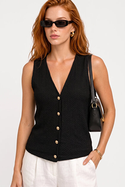 Women's Textured Thin Vest with V-Neck and Buttons