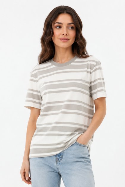Women's 100% Cotton Gray Striped Crew Neck T-Shirt
