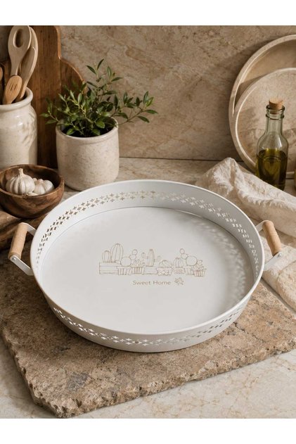 Cream Metal Tray with Wooden Handles Round Tea Tray Presentation Tray with Wooden Handles (Cactus Printed) 37 cm