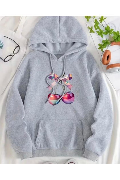 DJEVOJAČKA SWEATSHIRT SA KAPULJAČOM, ŠARENIM TISKOM VIŠNJE, DVOJNOM NITOM