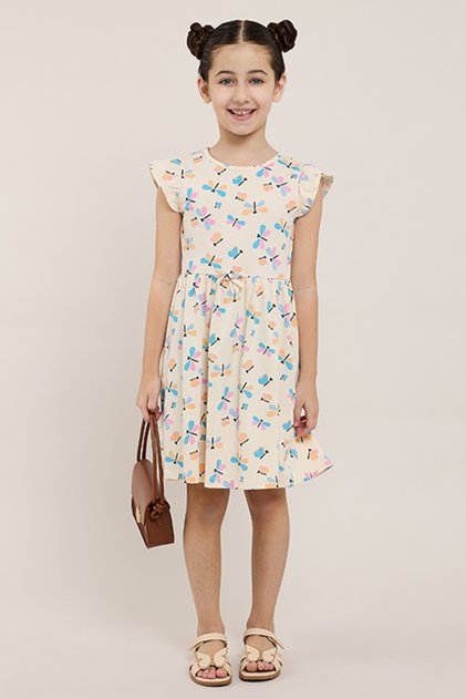 Printed Knit Dress with Crew Neck and Flutter Sleeves