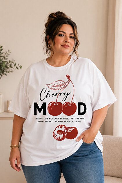 ZAVIXO Büyük Beden Oversize Kadın Tişört Cherry Mood Kiraz Baskılı
