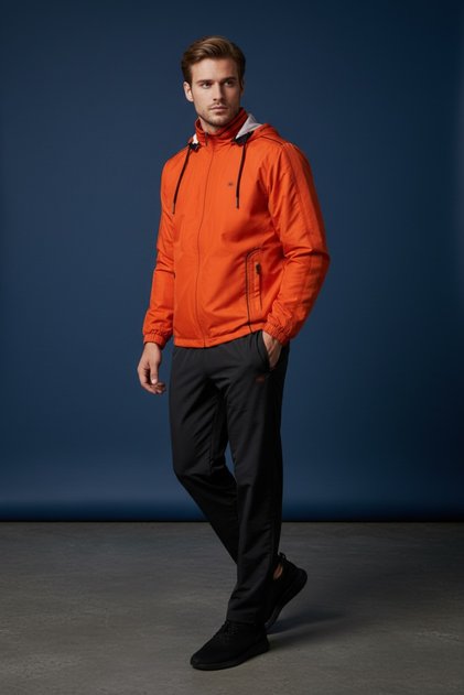Men's Parachute Fabric Hooded Orange Navy Blue Tracksuit Set - 4037