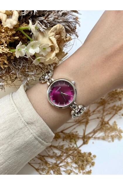 Round Design Stone Cord Silver Claret Red Dial Women Wrist Watch