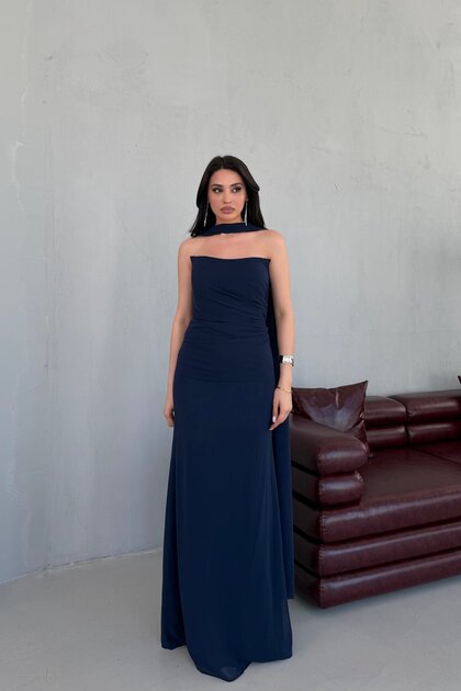 Navy Blue Strapless Draped Evening Dress with Shawl Detail