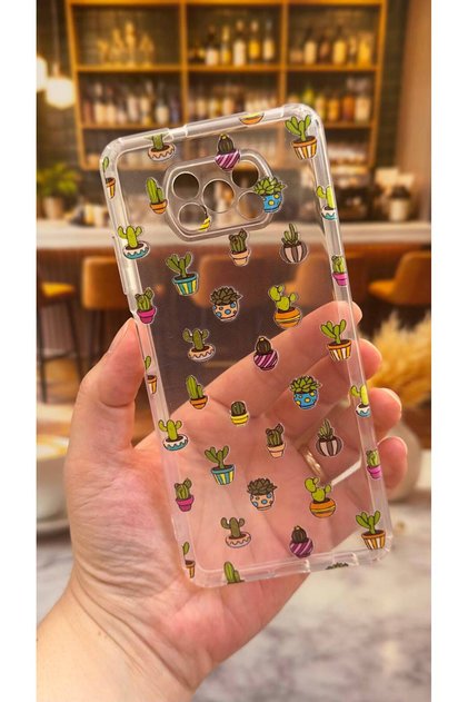 Poco X3 Compatible Cactus Patterned Transparent Shock-Absorbing Clear Case with Camera Protection