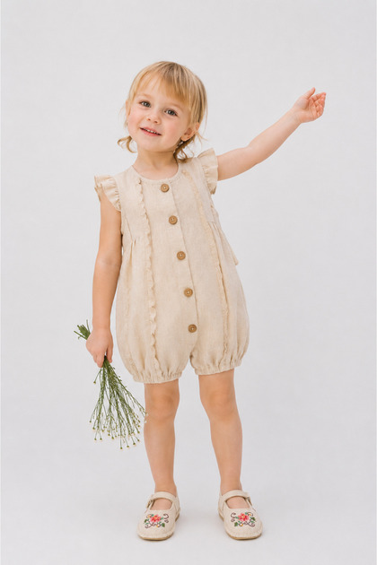 Ruffled Button Closure Linen Baby Romper
