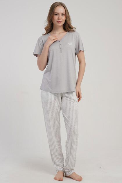 Women's Half Buttoned Short Sleeve Gray Pajama Set Relaxed Cut Summer Home Wear C2T2N2215