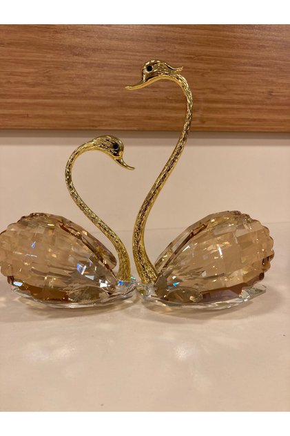 DEKORATİF 2'Lİ KRİSTAL VE PİRİNÇ KUĞU OBJE RENK BAL ALTIN YÜKSEKLİK 16 VE 12 CM ÇAPI 9 CM