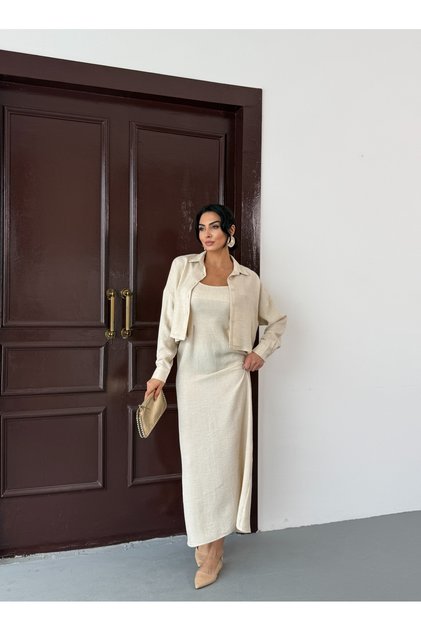 Sofia Linen Fabric Dress and Crop Shirt Set (Not Stretchy, No Slits)