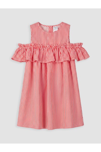Rochie de poplin cu dungi și guler rotund pentru fete