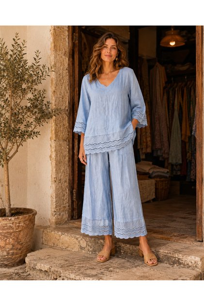 Blue Color Scallop Detailed Italian Linen Trousers and Blouse Set