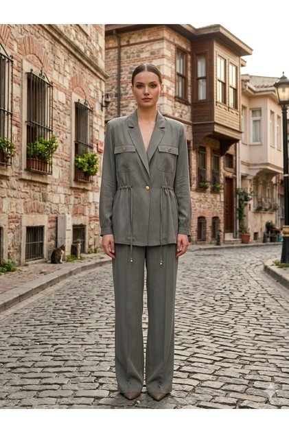 Kadın Kupra Kumaş Ceket Pantolon İkili Takım