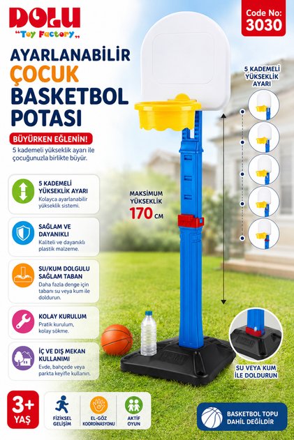 Ayarlanabilir Çocuk Basketbol Potası 170 cm – 5 Kademeli Yükseklik Ayarlı – 3 Yaş ve Üzeri