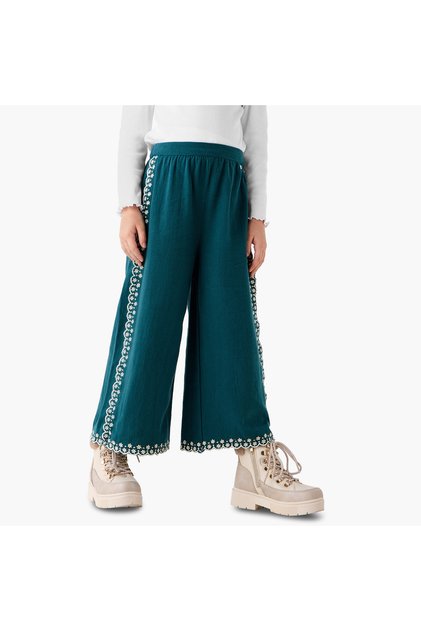 Girls Trousers with Embroidery - Cotton - Elasticated - Relaxed