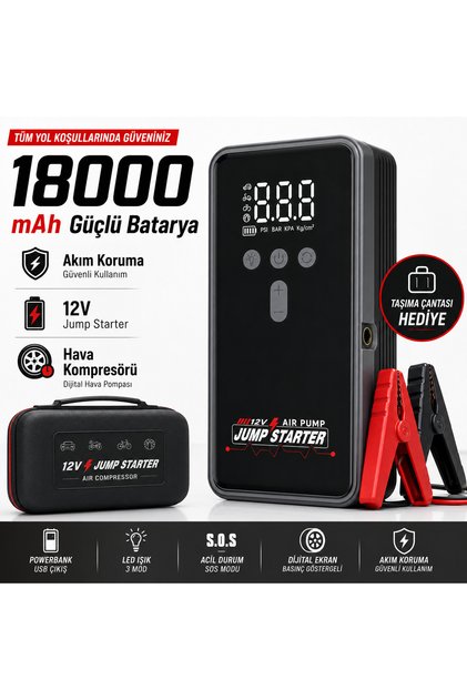 ZY38 Akü Takviye Cihazı ve Hava Kompresörü 18000 mAh Powerbank Dijital Ekranlı LED Işıklı Taşıma Çantalı