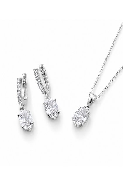 925 Ayar Gümüş Oval Taşlı Kolye Küpe Set
