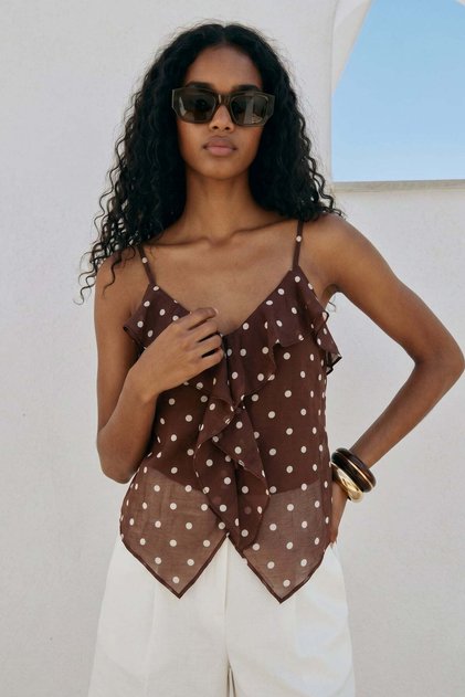 Polka Dot Patterned Ruffled Blouse with Straps - Brown