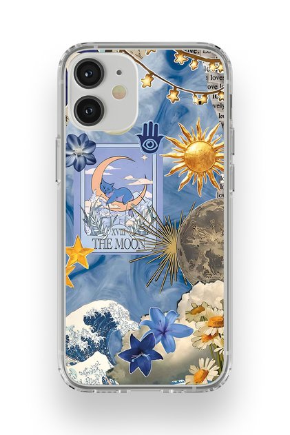 iPhone 12 Compatible Moon Sun Vintage Sky Pattern Transparent Phone Case