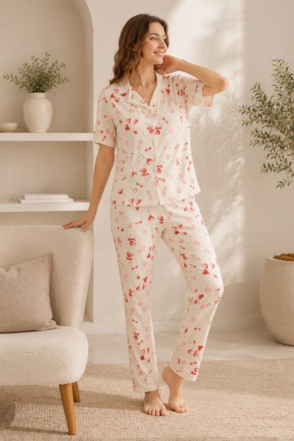 Mirano 2010 Balon Patterned Pegasus Fabric Buttoned Short Sleeve Women's Pajama Set