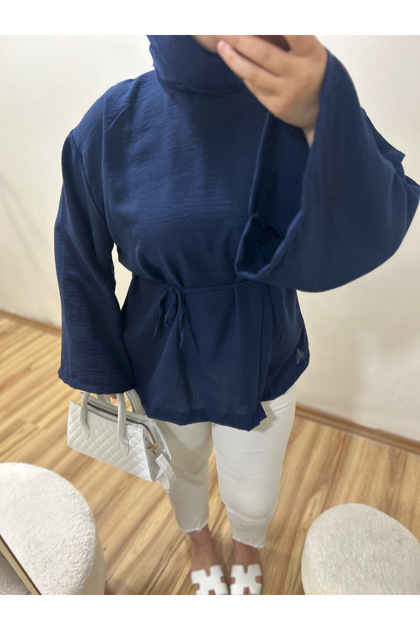Müslin keten karışımı kuşaklı lacivert bluz/ tunik