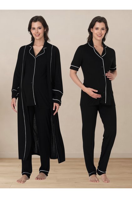 Buttoned Breastfeeding Short Sleeve Maternity Pajama and Robe Set Effortt - Black